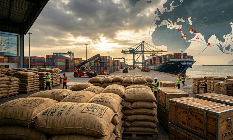 Tea sacks, shipping containers and a cargo vessel at an export port